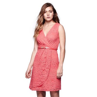 Pink lace wrap front belted dress